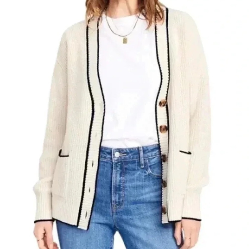 Varsity Cardigan Cream Navy Trim Relaxed Cotton Collegiate Medium Long Sleeve
